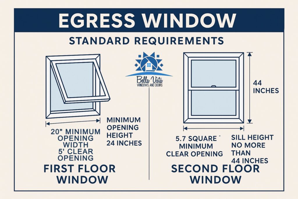 Illustration showing standard egress window requirements for first and second floors, including minimum height, width, and clear opening dimensions.